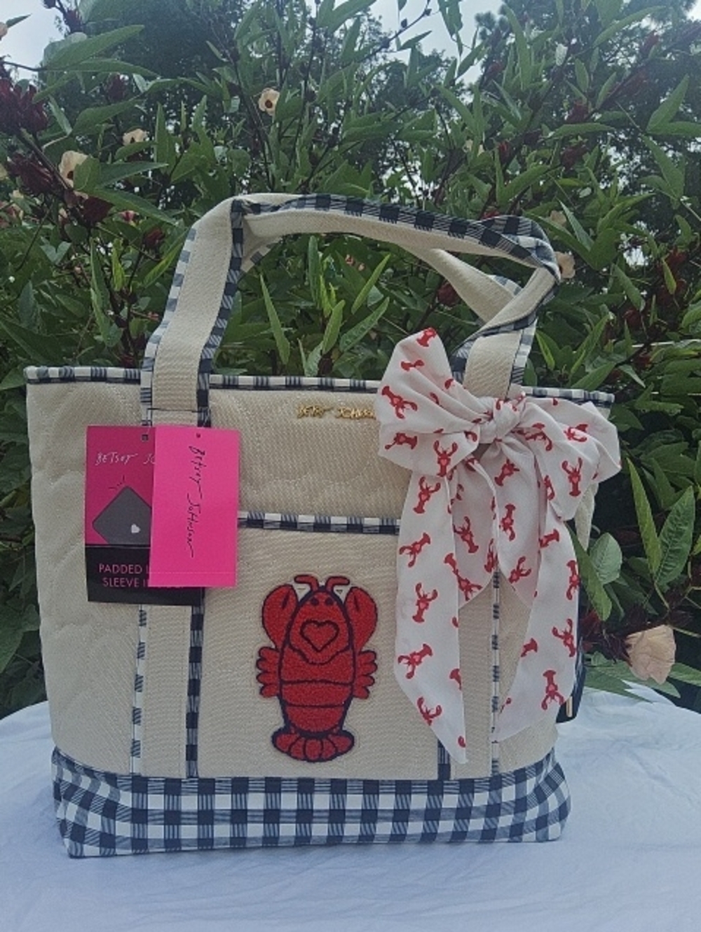 Betsey Johnson Cream Canvas Tote with Red Lobster Appliqué and Navy Gingham Trim